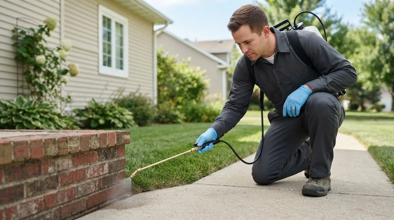 Pest control technician treating a home near Pontiac, MO