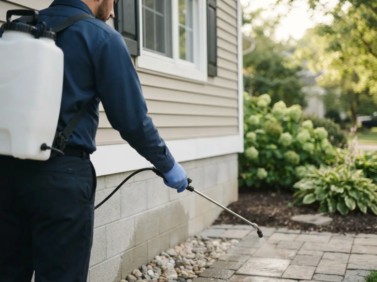 Pest control technician inspecting a home in Pontiac, MO